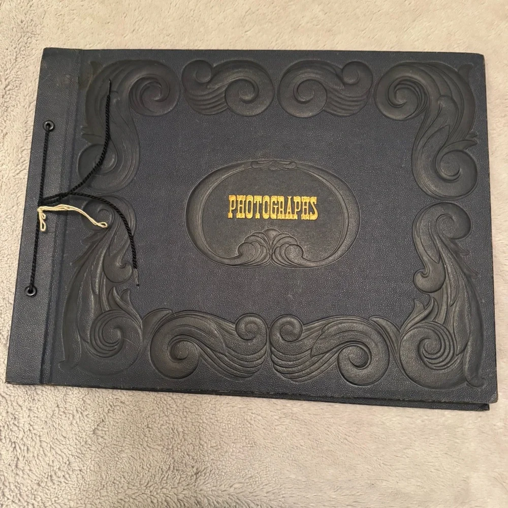 Vintage Blue Photo Album Black Pages Embossed Cover String Tie Scrapbook